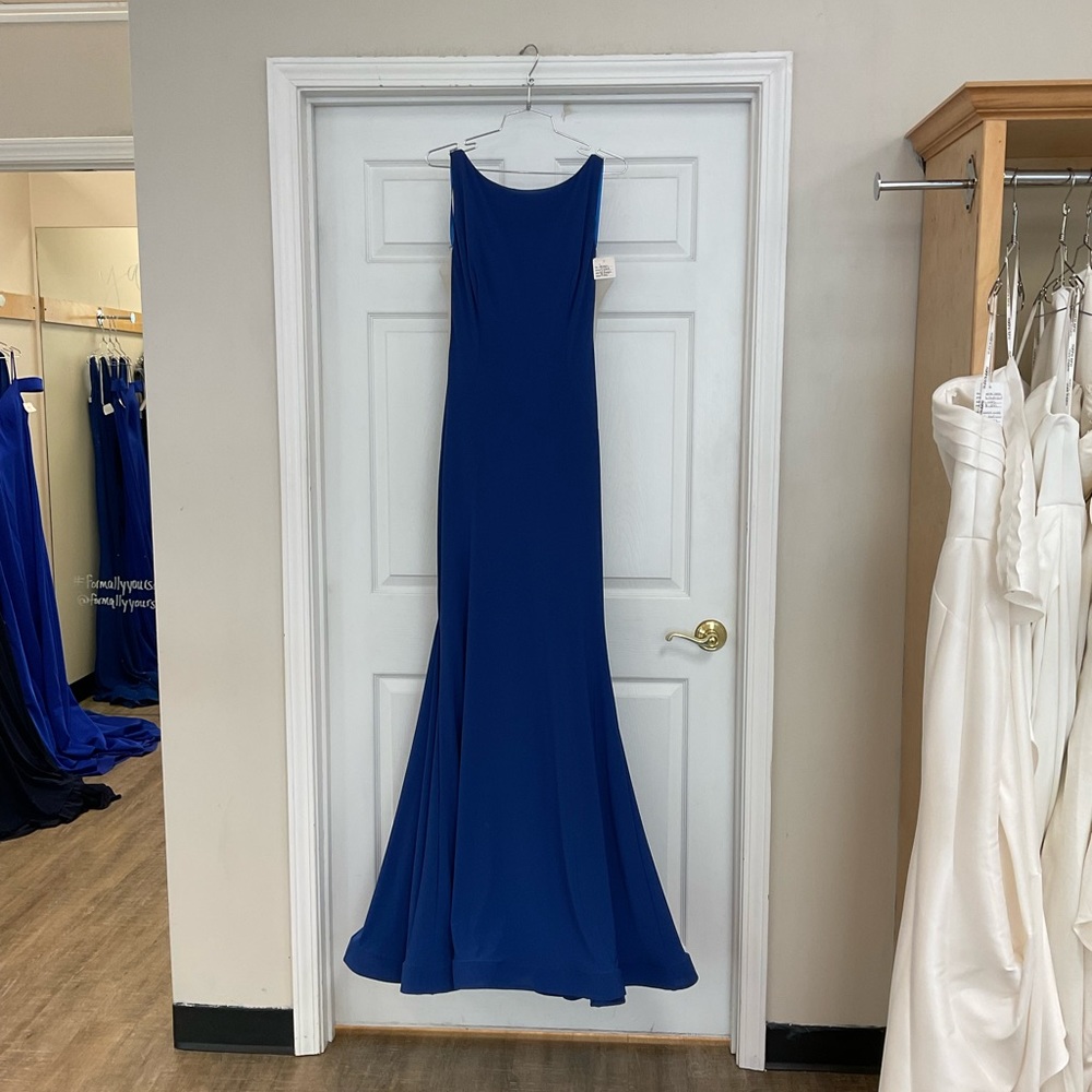Beautiful high neck royal blue jersey knit formal gown.